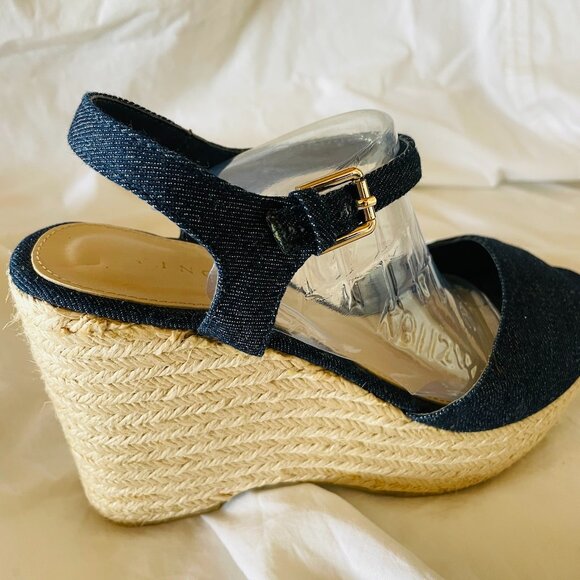 Denim Jute Wedge Ankle Strap Open Toe Espadrille Sandals - Picture 2 of 12
